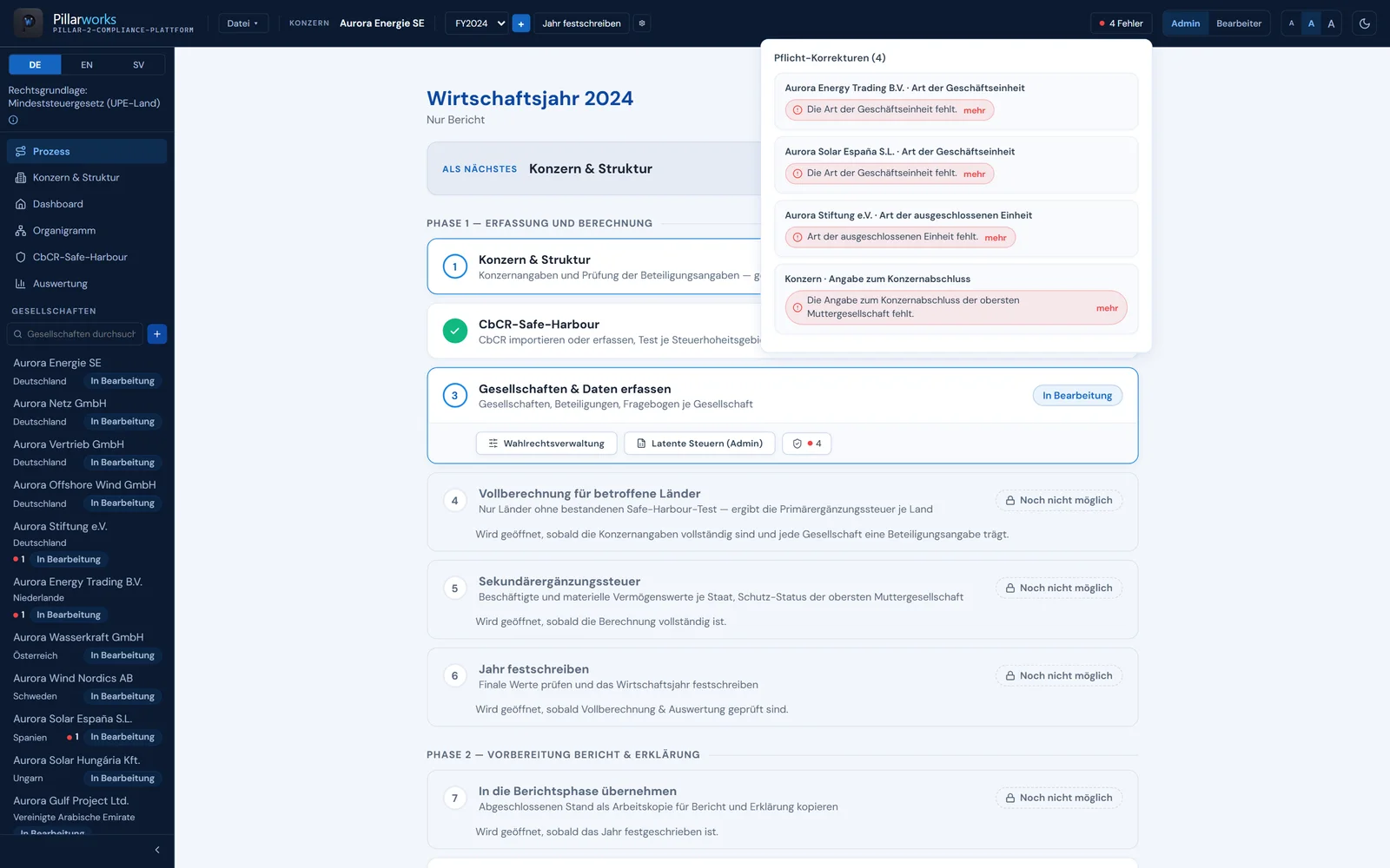 Pillarworks: GIR-Schritt mit Pflicht-Korrekturen vor der Erstellung